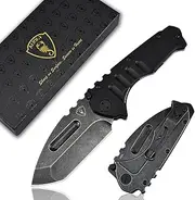 AUBEY Folding Pocket Knife with Tanto Tumbled Black 440C Steel Blade, Liner Lock, G10 & Steel Handle, Clip and Glass Breaker, EDC Tool Knife For Men Hunting -Magic Axe