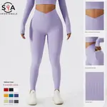 SPORTS PANTS RIBBED POCKET V-WAIST FITNESS PANTS TIGHT PEACH