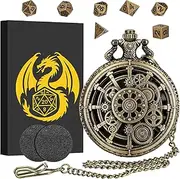 Mini DND Dice Set with Steampunk Hollow Gear Pocket Watch Shell Case, 7pcs Polyhedral Metal D&D Dice, DND Gifts with Gift Box for DND Fans, Role Playing Board Games Accessories, Bronze, retro
