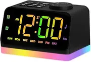 Digital Alarm Clock for Bedroom, 8 Colors Night Light with 2 Charging Port, Sleep Sound Machines with Timer, Dual Alarm, Loud Alarm，FM Radio and Easy to Use for Seniors and Kids as Gift (Black)