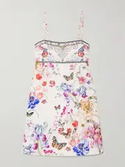 [Camilla] Camilla - Embellished Floral-print Linen Mini Dress - White - small small White