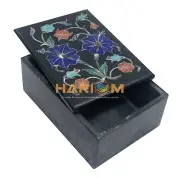 4"x3"x2" Marble Black Jewelry Storage Box Multi Marquetry Inlay Art Gifts E1312