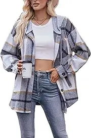 [Zontroldy] Womens Hooded Shacket Jacket Oversized Casual Flannel Plaid Wool Blend Button Down Shirt Coat Jackets