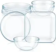 6 Pcs Clear Glass Dinnerware Set Glass Plates and Bowls with Blue Tint Round Square Tempered Plates 10'' and Kitchen Serving Bowl 8'' for Dessert, Salad, Fruit, Dishwasher and Microwave Safe