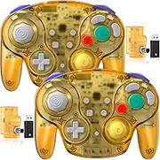 2 Pack 2.4 GHz Wireless GameCube Switch2 Pro Controller, for NGC GameCube Console, Switch/Switch OLED/ Switch2, PC, Steam Deck, PC (Built-in Rumble) (Rechargeable) (Plug and Play) Clear Yellow
