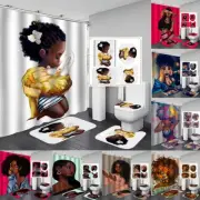 Cute African Girl Shower Curtain Set Waterproof Curtains with Anti-slip Bath Mat