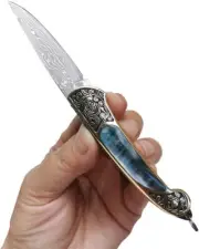 Mini Folding Pocket Knife Damascus Steel Blade Abalone Shell Handle