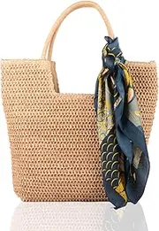 [GoodFrest] Large Raffia Beach Tote Bag for Women with Scarf, Bohemian Woven Shoulder Bag for Summer Vacation