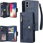 YocoverTech for iPhone X Case,for iPhone Xs Wallet Case[6 Card Slots and 1 Zipper Coin Pocket] PU Leather Stand Flip Cover with Wrist Strap[5.8 inch]-Blue