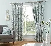 Dreams & Drapes - Duck Egg Floral Curtains W90 x L90 (229 x 229cm) - 2X Panels - 100% Cotton - 2X Tie Backs - White Flowers Pencil Pleat Curtains & Drapes for Bedroom/Living Room - Vintage Curtains