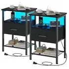 Night Stand Set End Table with Charging Station, LED Bedside Table with 2 Black