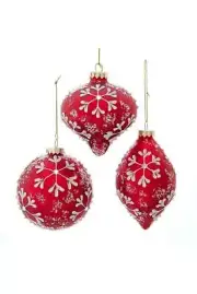 Set of 3 SNOWFLAKE Red & White Glass Christmas Ornaments, by Kurt Adler