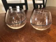 TWO MARTELL COGNAC GLASS FLYING BIRD LOGO NICE CURVED SHAPE BLUE RIBBON LOGO