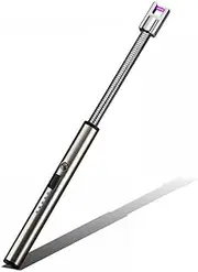 Rechargeable Electric Lighter, Kmest Upgraded Candle Lighter, Windproof Safety Switch, 360ｰ Flexible Long Neck USB Plasma Lighter for Household Camping Cooking BBQ Fireworks Flame (Silver)