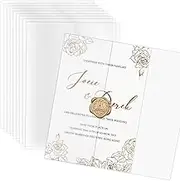 Jutieuo 50 Pack Pre-Folded Vellum Jackets for 5x7 Invitations, Vellum Paper Jackets with Gold Stamp Stickers, Translucent Wedding Invitations Wraps for Baby Shower Birthday Party Invitations