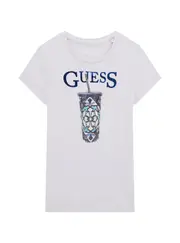 GUESS White Sequin Tumbler Logo T-Shirt Size: 14, Cotton