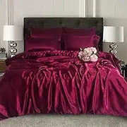 Satin Silk Complete Bedding Set - 6 PCS - Fitted sheet, Duvet Cover, 4 Pillow Cases. Color - Burgundy Size - Double