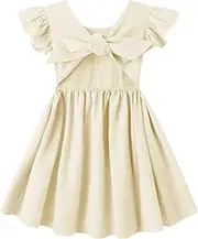 LYXIOF Toddler Baby Girl Cotton Linen Summer Dress Ruffle Sleeve Back Bowknot Kids Beach Dresses