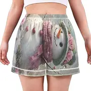 [RPLIFE] Snowman Pink Roses Women Pajama Shorts, Lounge Shorts, Comfy Summer Pajamas Women