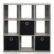 Furinno Engineered Wood Simplistic 9-Cube Organizer with Bins in Gray/Black