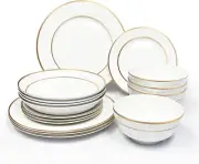 Bone China Dinnerware 16PC Set Service for 4 White Double Gold Rim Microwave