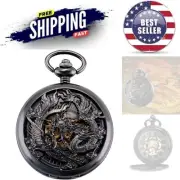 Mechanical Pocket Watch for Men Women Dragon Phoenix Skeleton Vintage Chain