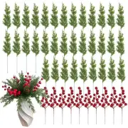 45PCS Christmas Artificial Pine Branches with Red Berry Stems- 10.5" Faux Everg