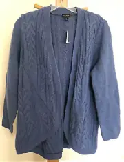 Talbots NWT Soft Open Hi-Lo Cardigan Cashmere blend Blue Cable Knit Sz L Bin-X