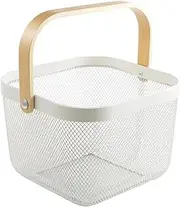 [AIMALL] Modern Mesh Fruit Basket with Wooden Handle, 9.64 x 7.08 Inch, Iron Draining Basket for Storage, Versatile Kitchen and Home Organizer