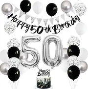 Decoration 50th Birthday Man, Black Cake Decoration 50th Birthday Decoration Women with Balloons 50th Birthday Banner Black Silver White Party Balloons 50th Birthday Decoration Birthday Decoration 50