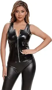 [xokesy] Women Shiny Leather Camisole, Sexy Zipper Open Breast Exposed, Shaping Casual Latex Tank Tops
