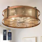 20" Boho Ceiling Fan with Light and Remote, Woven Caged Low Profile Bladeless