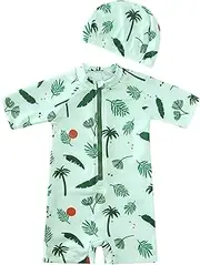 [DEFAHN] Toddler Boy Swimsuit One-Piece Zipper Rashguard Sunsuit Swimwear Half Zip Up Bathing Suit 9Months-5T, Green Plants, 12-24 Months