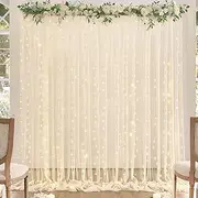 Champagne Tulle Backdrop Curtain with Lights String for Parites Wedding 10x8ft Champagne Sheer Backdrop Curtains for Bridal Shower Baby Shower Birthday Party Christmas Photo Booth Props Decorations