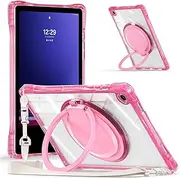 [Nexue] for Samsung Galaxy Tab A9+ / A9 Plus 11'' 2023 (SM-X210/X216/X218), Shockproof Hard Duty Clear Case with 360 Rotating Hand Strap&Stand+Shoulder Strap for Tab A9+ Tablet (Pink)