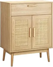 OIKITURE Sideboard Buffet Cabinet - with Drawer & 2 Adjustable Shelves, Storage Cabinet 2 Rattan-Decorated Doors for Kitchen Living Room Dining Room
