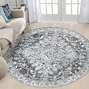 Famibay Living Room Rug, Round, 160 cm, Washable Rug, Bedroom, Short Pile, Dark Grey, Round Living Room Rug, Soft Vintage, Non-Slip for Living Room, Bedroom, Dining Room