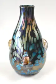 Blue Luster Vase With Gold Oil Spot Design. Blown Glass