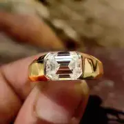 3 Emerald Cut VVS1 Moissanite Men's Engagement Ring 14K Yellow Gold Plated