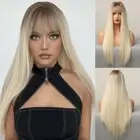 Long Straight Wig Ombre Brown Blonde Golden Synthetic Wigs with Bangs for Women