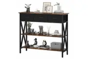Advwin 3 Tiers Console Table 2 Drawers Narrow Hallway Table 95cm Black+Walnut