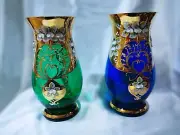 Bohemia crystal glass blue vase 21,5 cm decorated enamel and gold 1pcs