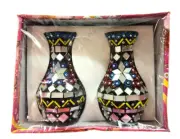 NIB Set of 2 Handmade Beaded and Mirrored Vases Brought from India