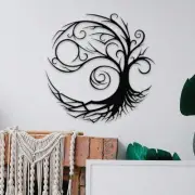 Door Decor Tree of Life Black Metal Round Small Solid Modern Wall Mounted Adult
