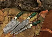 HUNTEX Custom Handmade Damascus 3 pcs Pakkawood BBQ Kitchen Camping Knife Set