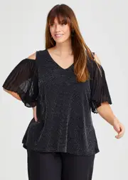 [TS] Taking Shape Glitter Cold Shoulder Top Size 12 in Black / Silver - Plus Size Women's Clothing Black / Silver