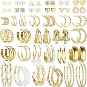 [Sanfenly] 38 Pairs Gold Earrings Set for Women Girls Boho Drop Dangle Earrings Pack Fashion Pearl Multipack Statement Earrings Bulk Acrylic Hoop Earrings for Gift