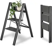 [PMEIXU] 3 Step Ladder, Folding Step Stool with Wide Anti-Slip Pedals,Max Load 330 Lbs Capacity,Lightweight Aluminum Sturdy Step Ladder, Space Saving Step Stool for Home Kitchen Office, Black