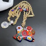 New VTG Millefiori Italian Murano Venetian Glass Texas Shaped Pendant Necklace