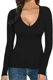 [FGAoTeng] Women’s Deep V Neck Slim Fitted Long Sleeve T Shirts - Autumn Winter Basic Solid Soft Layering Tee, Casual Sexy Stretchy Pullover Tops for Going Out Everyday Office